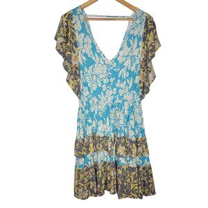 Daily Practice Anthropologie XS Blue /‎ Gray Floral Tiered Ruffle Mini Dress